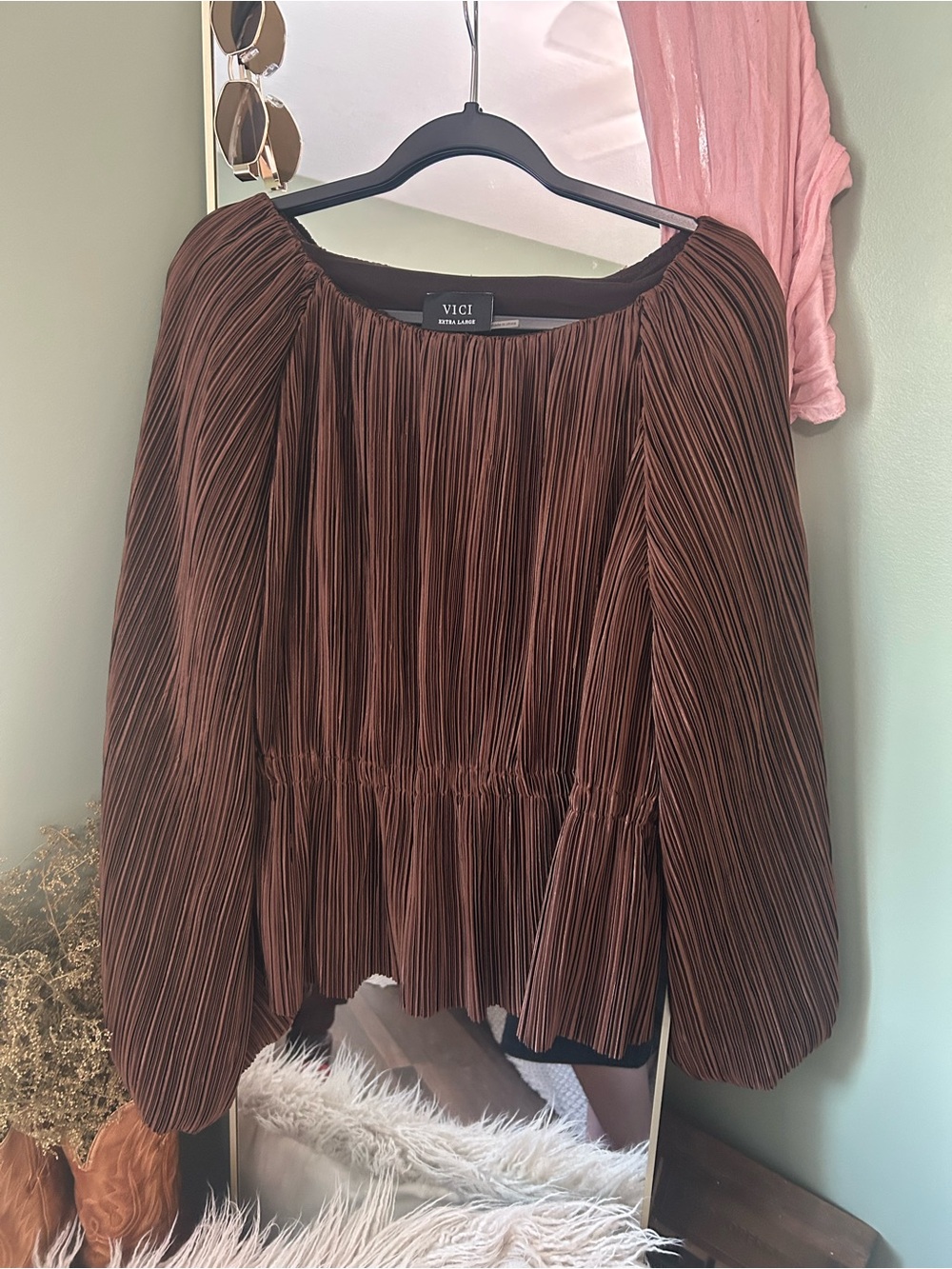VICI Chocolate Brown Pleated Long-Sleeve Blouse
